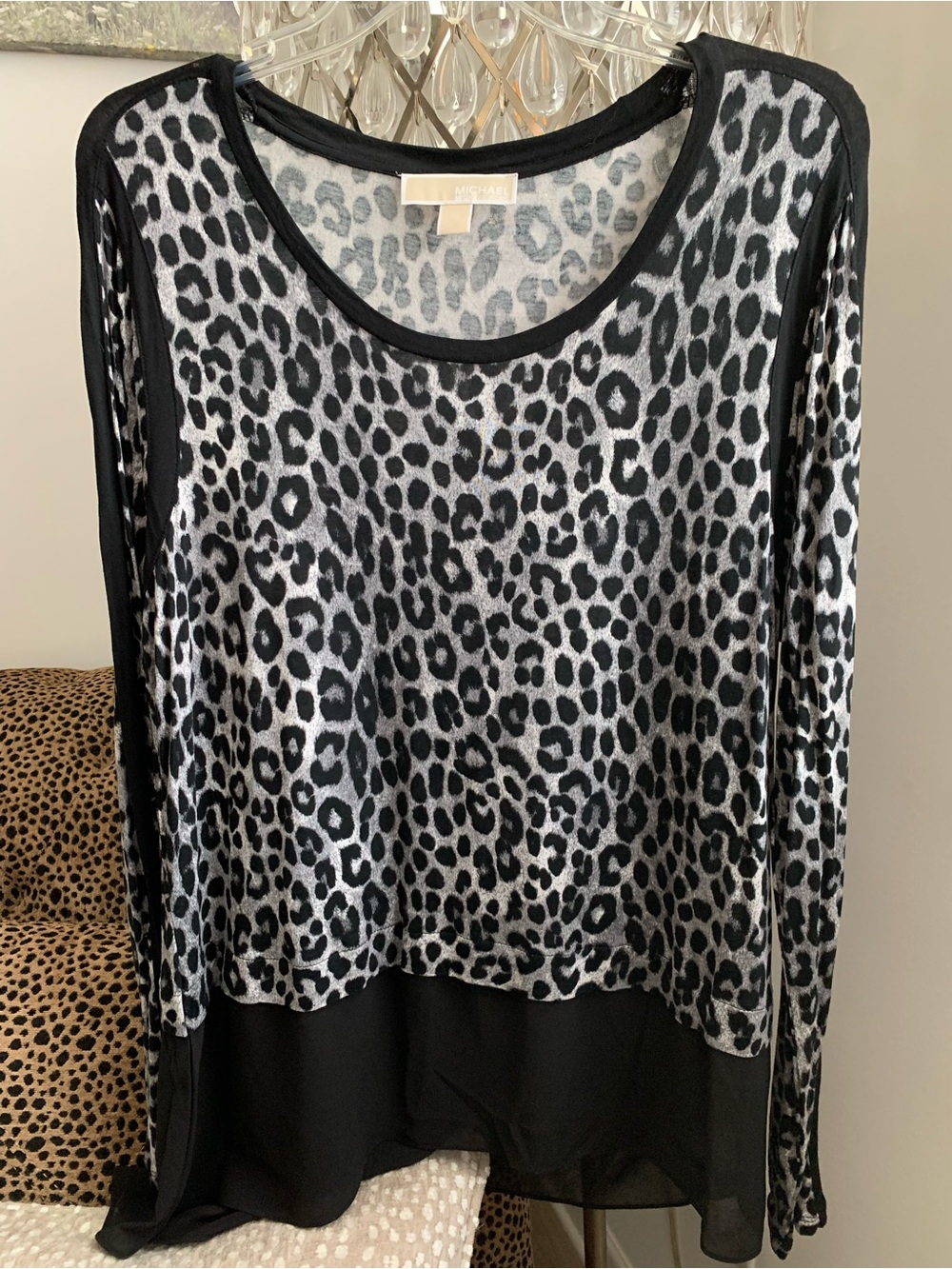 Michael Kors Black & Gray Leopard with Mesh Stripe on Long Sleeve Top